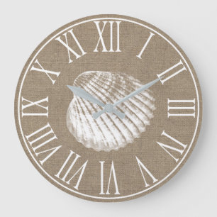 Coastal Elegant Faux Burlap & White Seashell Large Clock
