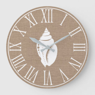 Coastal Elegant Faux Burlap & White Seashell Large Clock