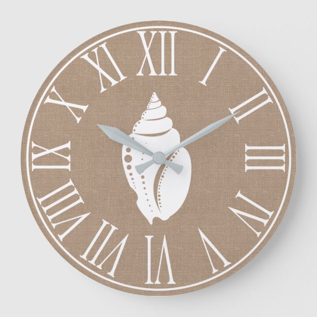 Coastal Elegant Faux Burlap & White Seashell Large Clock (Front)