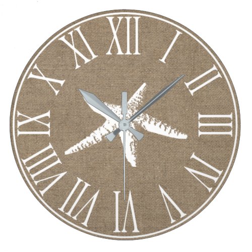 Coastal Elegant Faux Burlap &amp; White Starfish Large Clock