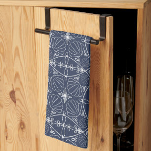 Coastal Elegant Navy Blue Ocean Seashells Pattern Kitchen Towel