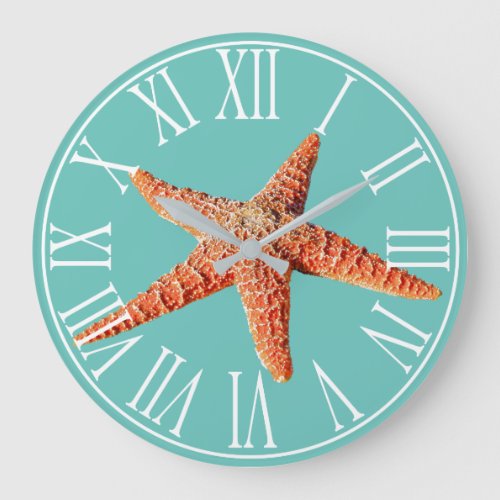 Coastal Elegant Sea Green  Orange Starfish Large Clock