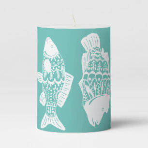 Coastal Elegant White Floral Fish & Sea Green Pillar Candle