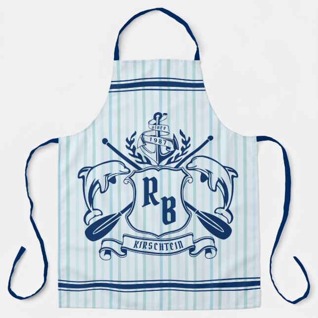 Coastal Emblem Dolphins Anchor Oar Shield Nautical Apron (Front)