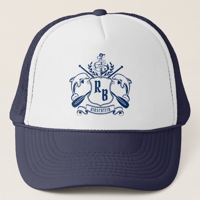 Coastal Emblem Dolphins Anchor Oar Shield Nautical Trucker Hat (Front)
