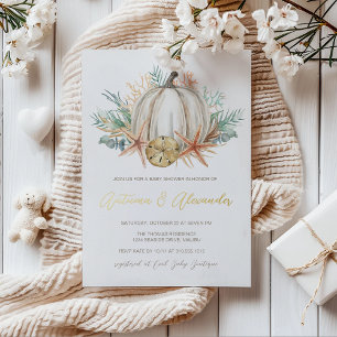 Coastal Fall Baby Shower Watercolor Pumpkin & Se Foil Invitation