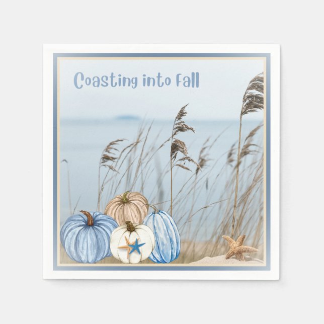 Coastal Fall Blue and White Pumpkins and Starfish  Napkins (Front)