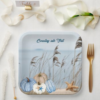Coastal Fall Blue And White Pumpkins And Starfish  Paper Plates by Sozo4all at Zazzle