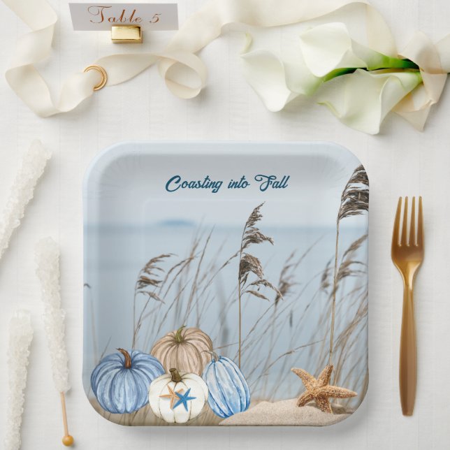 Coastal Fall Blue and White Pumpkins and Starfish  Paper Plates (Wedding)
