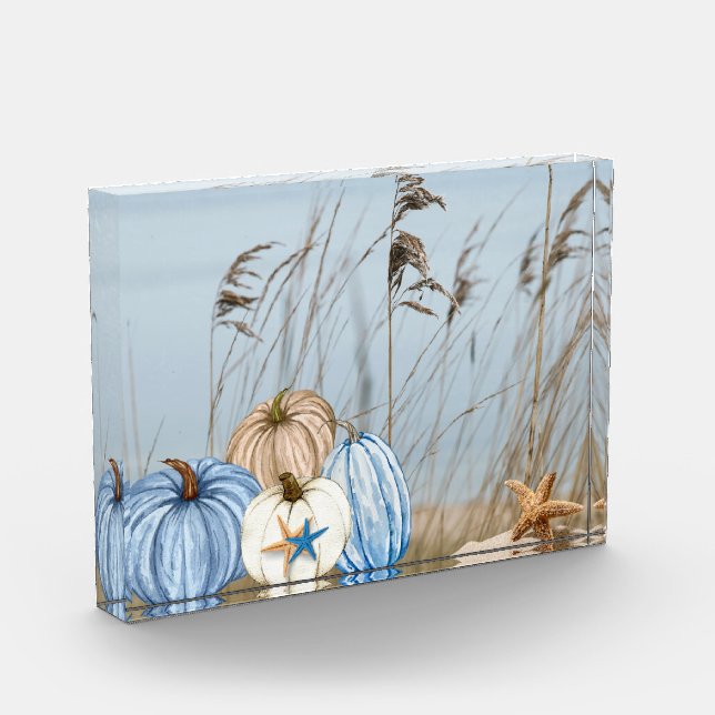 Coastal Fall Blue and White Pumpkins and Starfish  Photo Block (Left)