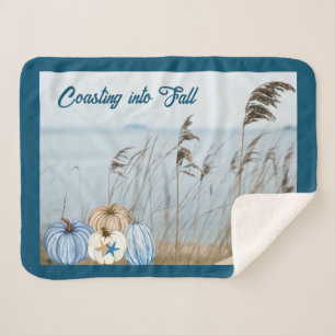 Coastal Fall Blue and White Pumpkins and Starfish Sherpa Blanket