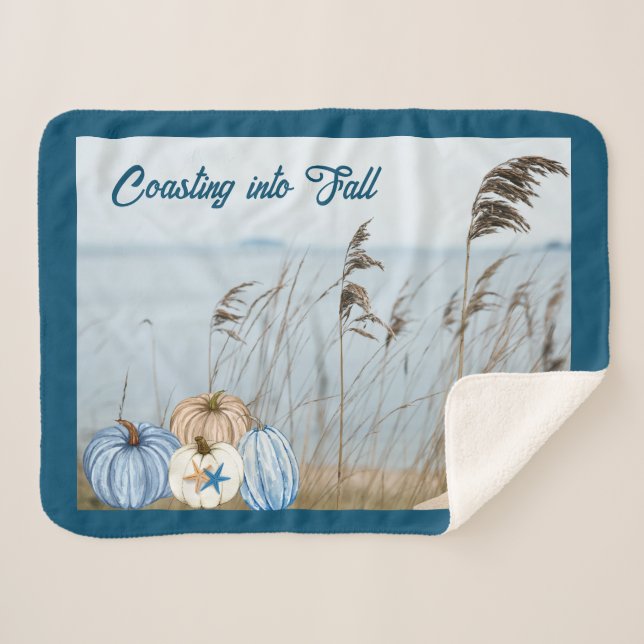 Coastal Fall Blue and White Pumpkins and Starfish  Sherpa Blanket (Front (Horizontal))
