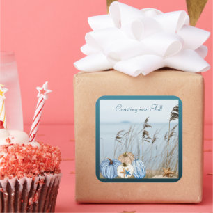 Coastal Fall Blue and White Pumpkins and Starfish Square Sticker