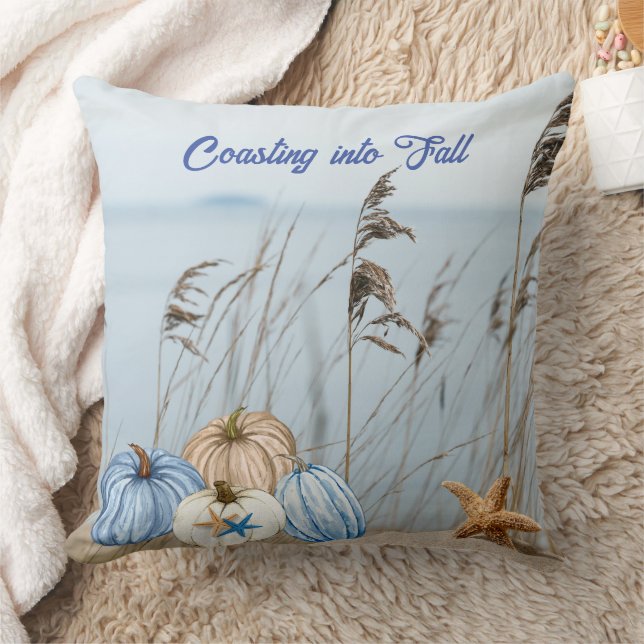 Coastal Fall Blue and White Pumpkins and Starfish  Throw Pillow (Blanket)