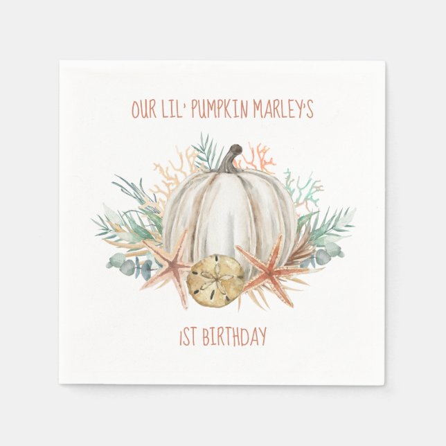 Coastal Fall Lil Pumpkin Seashells Kids Birthday Napkins (Front)