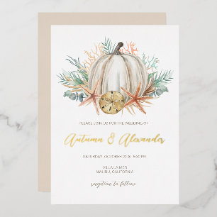 Coastal Fall Pumpkin & Sea Shells Wedding Foil Invitation