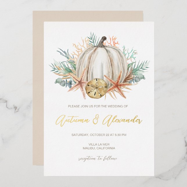 Coastal Fall Pumpkin & Sea Shells Wedding Foil Invitation (Front/Back)