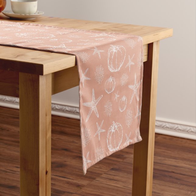 Coastal Fall Pumpkin Seashell Short Table Runner (In Situ)