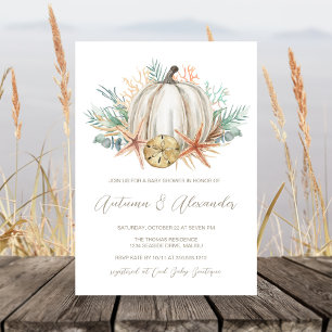 Coastal Fall Pumpkin & Seashells Baby Shower Invitation