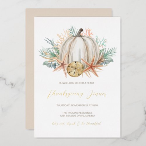 Coastal Fall Pumpkin Seashells Thanksgiving Dinner Foil Invitation