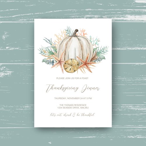 Coastal Fall Pumpkin Seashells Thanksgiving Dinner Invitation