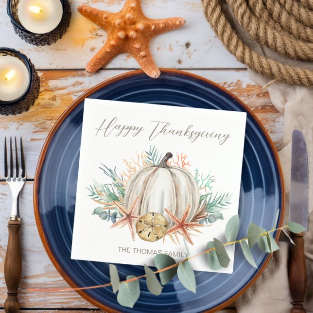 Coastal Fall Pumpkin Seashells Thanksgiving Napkins (Creator Uploaded)