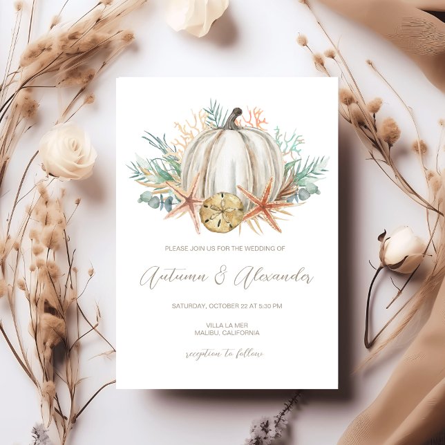 Coastal Fall Pumpkin & Seashells Wedding  Invitation (Creator Uploaded)