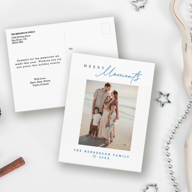 Coastal Family Beach vacation Custom Holiday Photo (Modern, minimal, blue Merry moments coastal vibe beach holiday christmas family photo card)