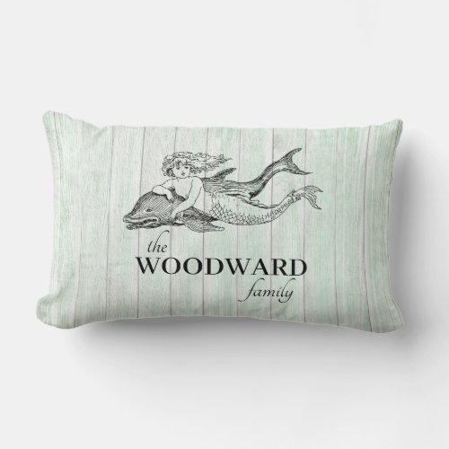 Coastal Family Name Aqua Wood Mermaid Dolphin Lumbar Pillow