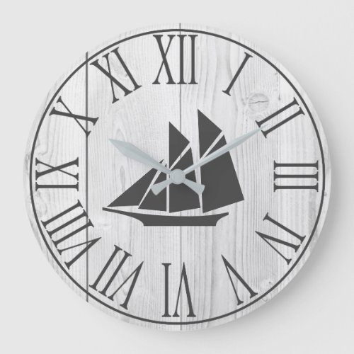 Coastal Faux White Wood  Sailboat Silhouette Large Clock