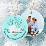 Coastal First Christmas New Home Starfish Photo Ceramic Ornament<br><div class="desc">Celebrate your first Christmas in your new home with this personalized coastal beach themed ornament, featuring an aqua blue glitter coral piece with sand dollar and starfish. There is a photo template on the back. *If you would like this design on more products or need design help, please contact me...</div>