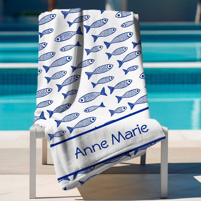 Coastal Fish Blue and White Wedding Party Beach Towel (Creator Uploaded)