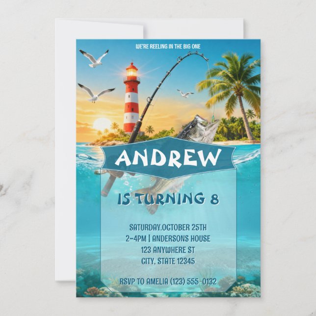 Coastal Fishing Adventure Lighthouse Birthday Invitation (Front)
