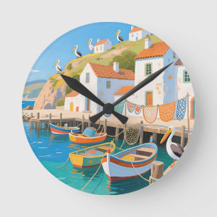 Coastal Fishing Village Pelicans Round Clock