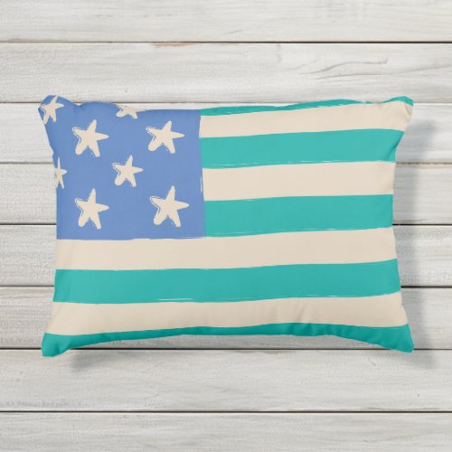 Coastal flag with starfish in blue and teal outdoor pillow