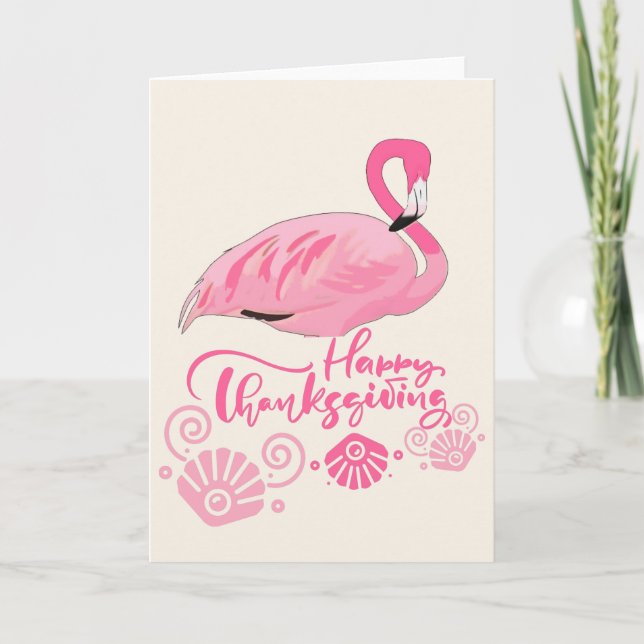 Coastal Flamingo Thanksgiving Tropical Beach Card (Front)