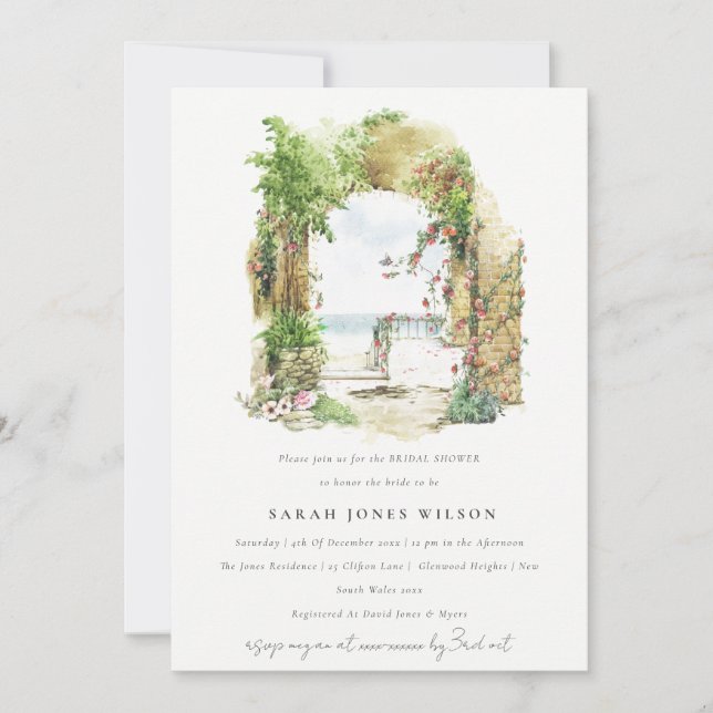 Coastal Floral Arch Beach Seascape Bridal Shower Invitation (Front)