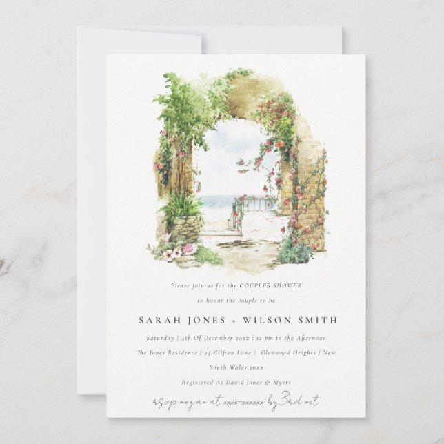 Coastal Floral Arch Beach Seascape Couples Shower Invitation (Front)