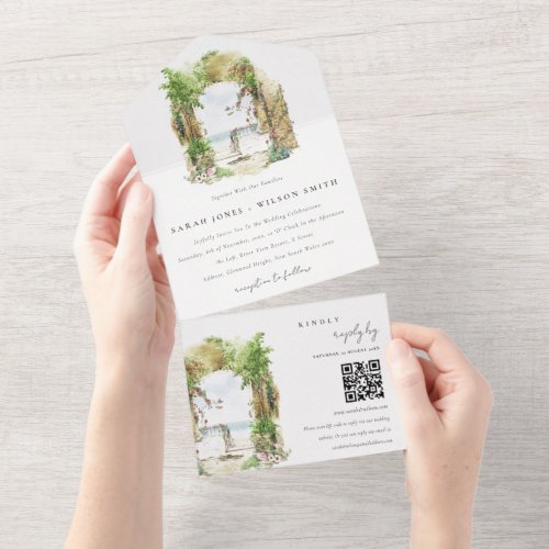 Coastal Floral Arch Beach Seascape Wedding QR Code All In One Invitation