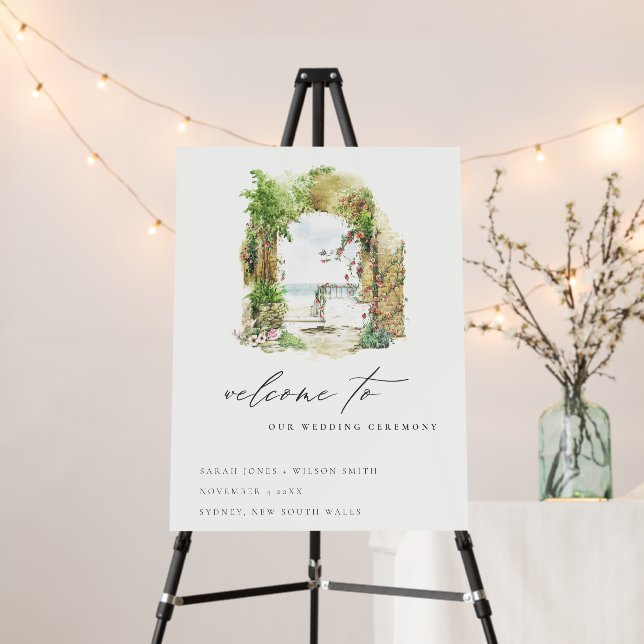 Coastal Floral Arch Beach Seascape Wedding Welcome Foam Board (In Situ (Stand))