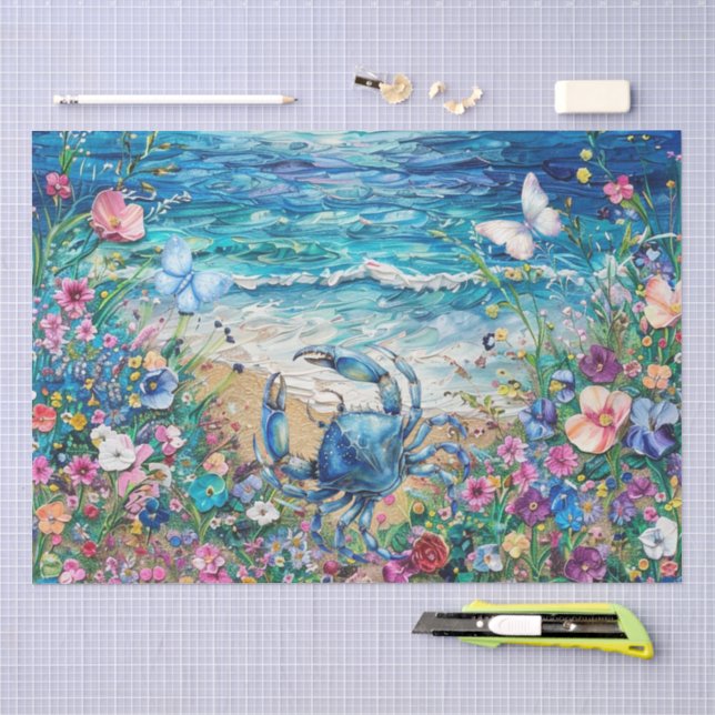 Coastal Floral Blue Crab & Butterflies Decoupage  Tissue Paper (Craft)