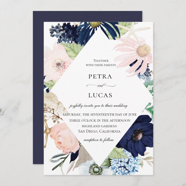 Coastal Floral Frame Wedding Invitation (Front/Back)