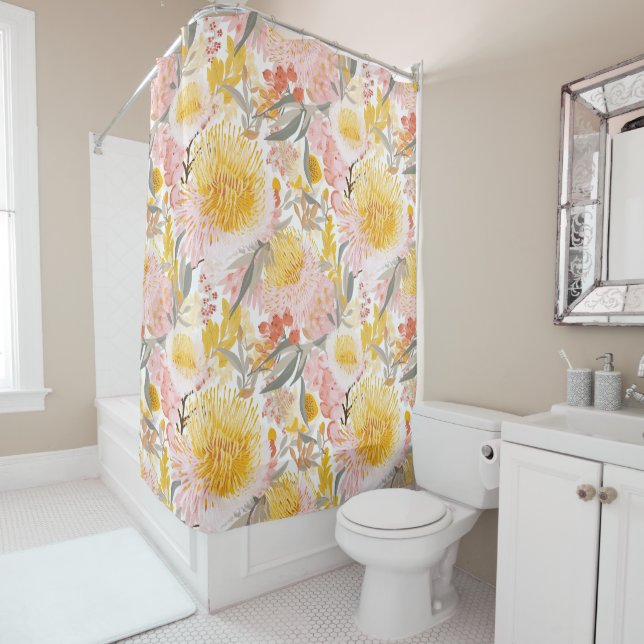 Coastal Floral in Pink and Yellow Shower Curtain (In Situ)