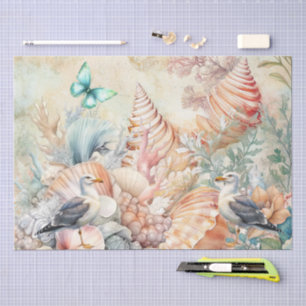 Coastal Floral Seagulls & Seashells Decoupage  Tissue Paper