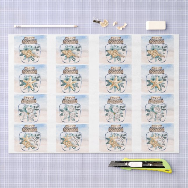 Coastal Floral Seashells in a Jar Decoupage  Tissue Paper (Craft)