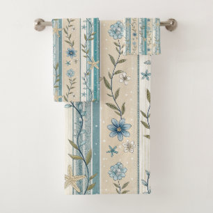 Coastal Floral Stripe Aqua Beige Elegance Design Bath Towel Set