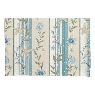 Coastal Floral Stripe Aqua Beige Elegance Design Pillow Case