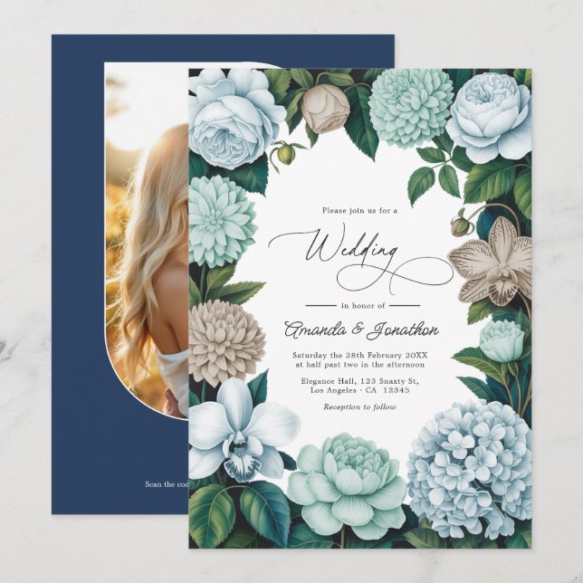 Coastal Fog/Seafoam Tint & Driftwood Beige Wedding Invitation (Front/Back)