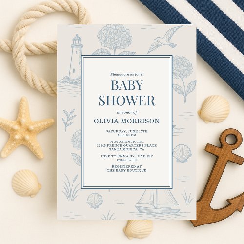 French Toile Blue Floral or wildflower baby shower invitation