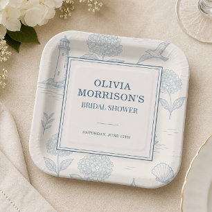 Coastal French Toile Blue Floral Bridal Shower Paper Plates